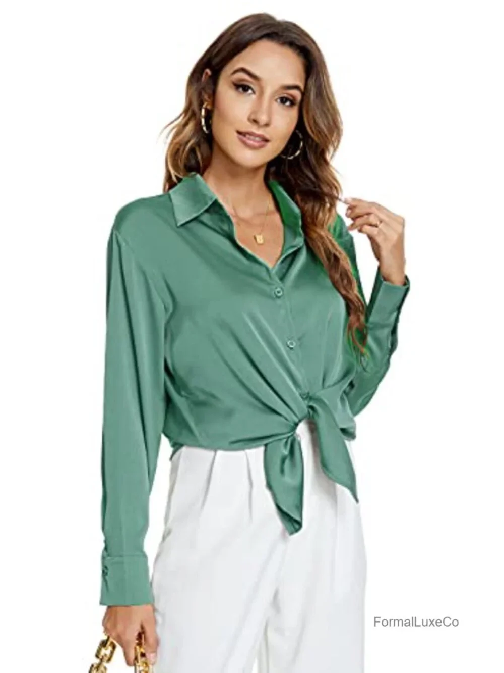 Women's Long Sleeve Button Down Satin Silk Shirt Blouse Business Office Casual